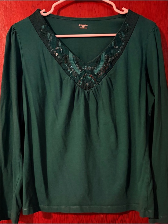 St. John's Bay Tops - St. John's Bay Teal V-Neck Long Sleeve Top with Beaded Trim